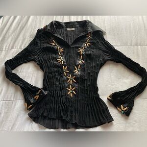 Vintage Black Satin Pleated Collared Blouse Large Wooden Bead Boho Artsy Fairy